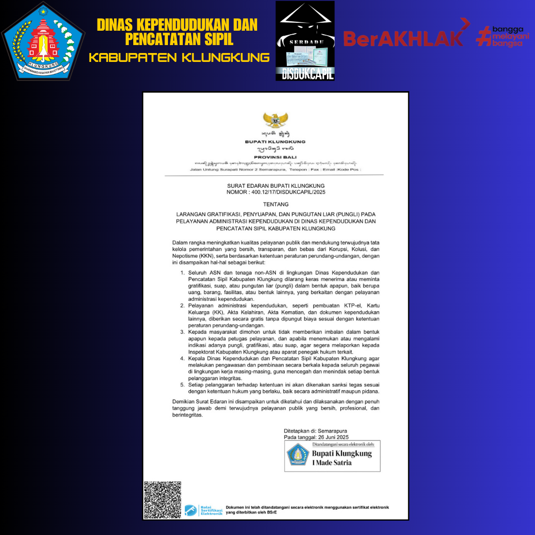 Surat Edaran Bupati Klungkung Nomor: 400.12/17/DISDUKCAPIL/2025